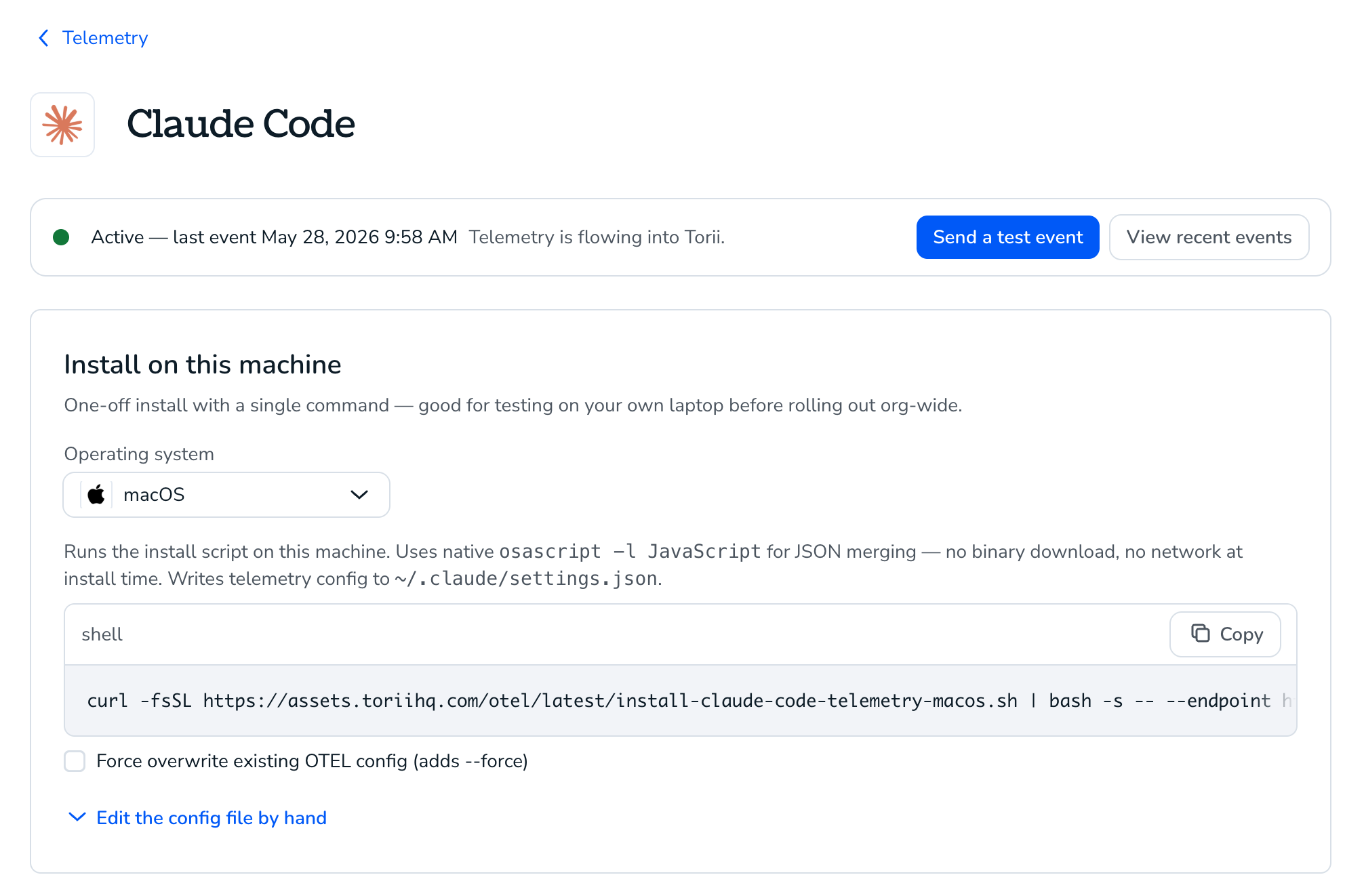 Claude Code install page with Active status badge and the Manual setup one-liner