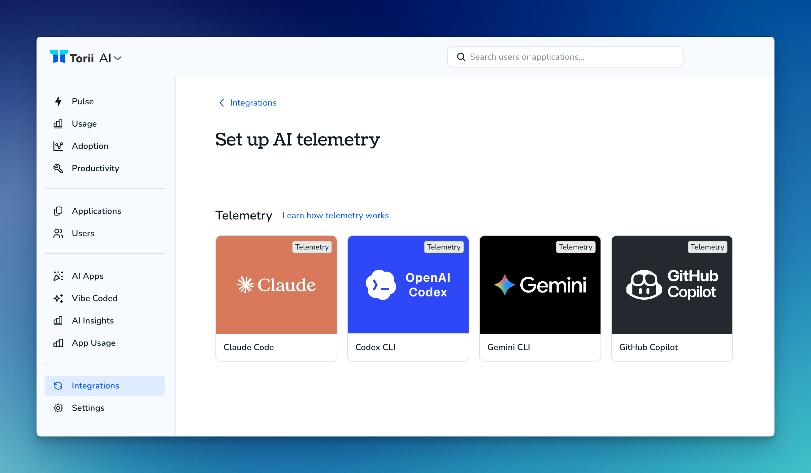 Set up AI telemetry page in Torii - Claude Code, Codex CLI, Gemini CLI, and GitHub Copilot tiles