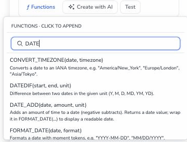 Functions palette titled FUNCTIONS CLICK TO APPEND with a search box filtered to DATE, showing CONVERT_TIMEZONE, DATEDIF, DATE_ADD, and FORMAT_DATE with their descriptions