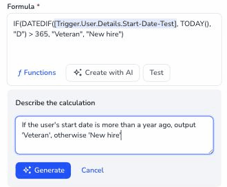Create with AI panel titled Describe the calculation with a plain-language prompt typed in and a Generate button