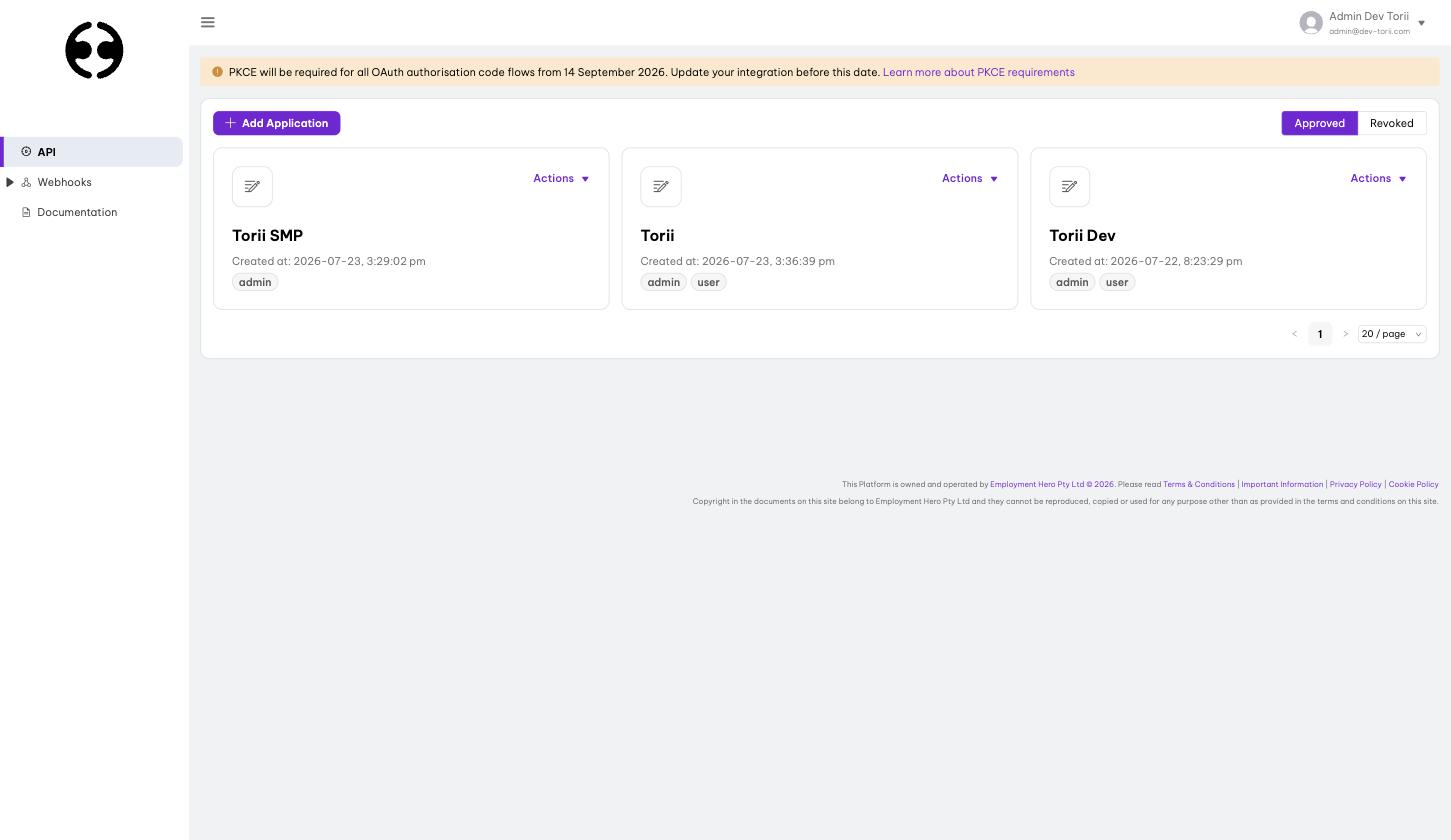 Employment Hero Developer Portal API section with the Add Application button