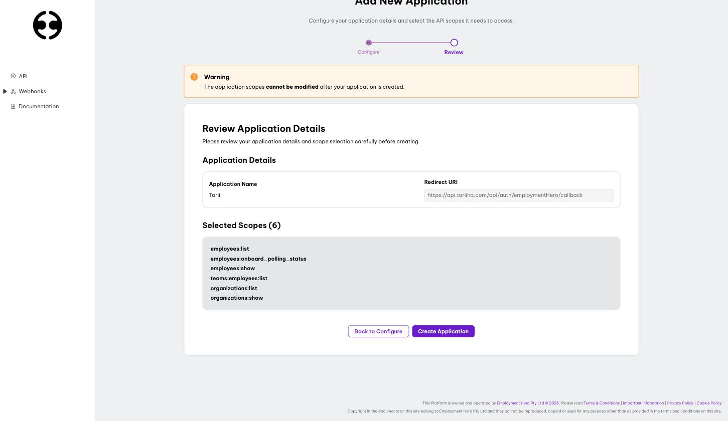 Review step showing the application name, redirect URI, and the selected read scopes