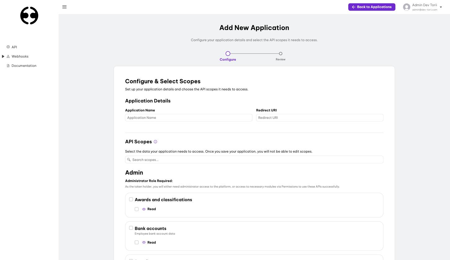 Add New Application form with the Application Name and Redirect URI fields