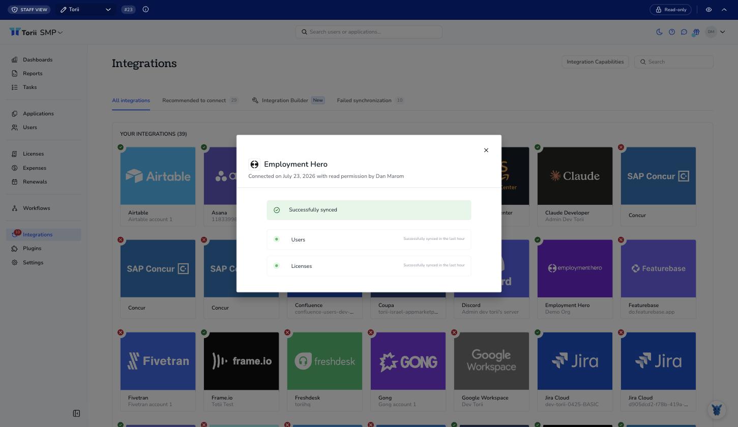 Torii showing Employment Hero connected with Users and Licenses successfully synced