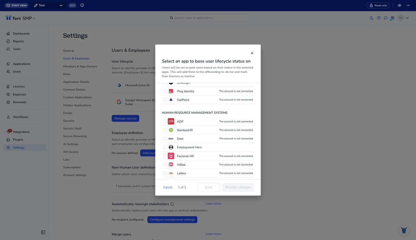 User lifecycle source picker with Employment Hero listed under Human Resource Management Systems