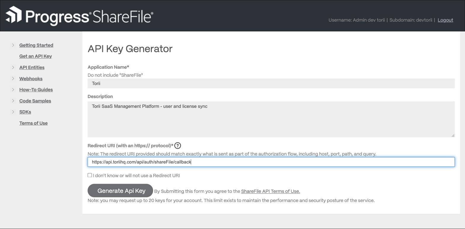 API Key Generator form filled with the Torii redirect URI