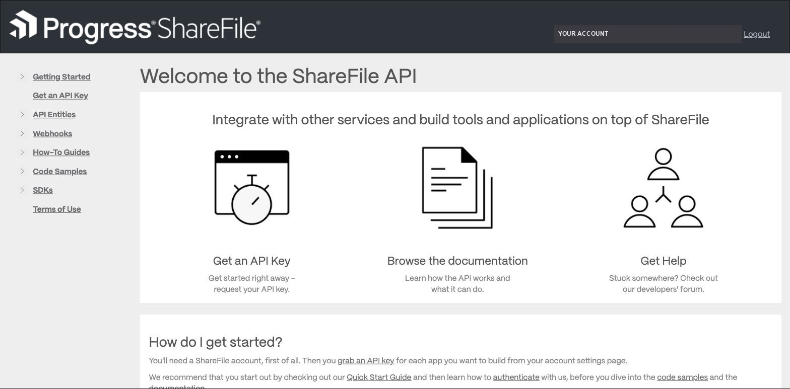 ShareFile API portal with Get an API Key